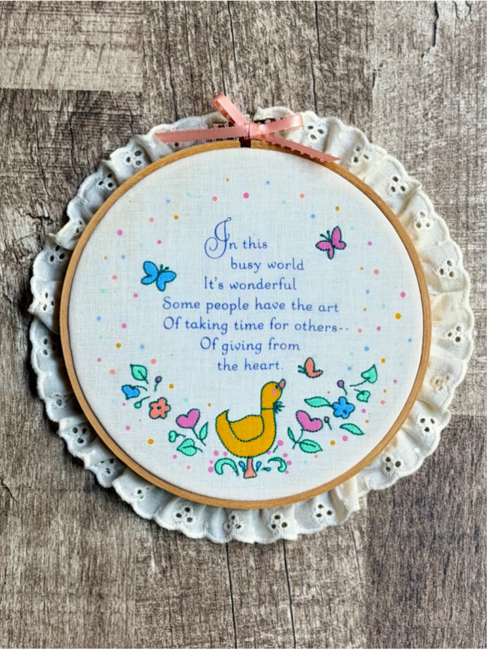 Vintage Embroidered Wall Hoop Framed Quote Duck Butterflies Eyelet Lace Trim NIB